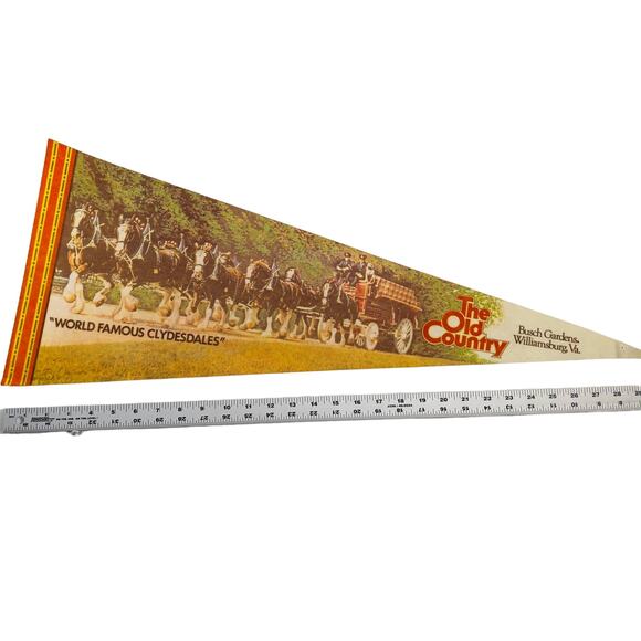 Busch Gardens VINTAGE Felt Pennant Large 30" x 11.5" Williamsburg Clydesdales - Picture 1 of 9